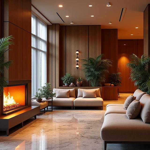 Elegante Hotellobby mit alpinem Design und Kaminfeuer.